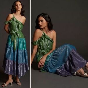 Maeve Anthropologie One Shoulder Ruffle Metallic Dress